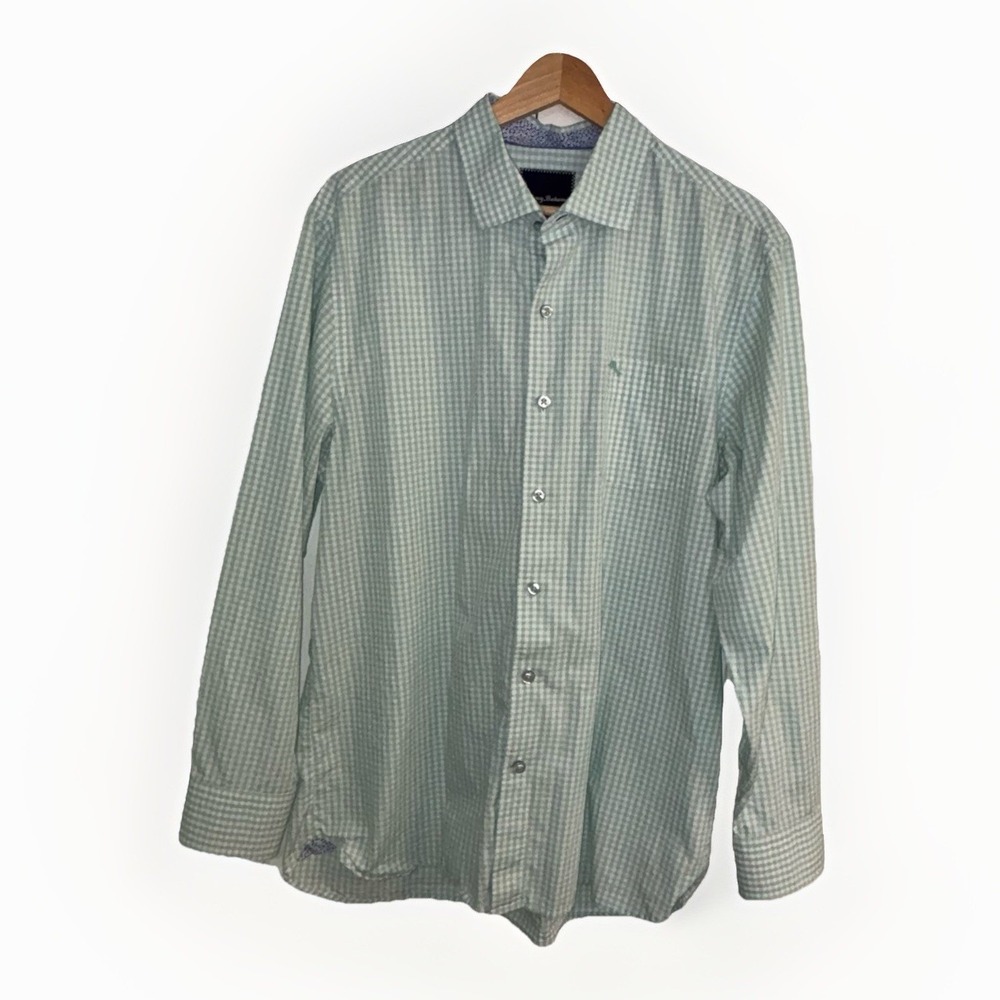 Tommy Bahama Shirt Mens Size M Green White Gingham Button Up Long Sleeve Pima - Picture 2 of 6